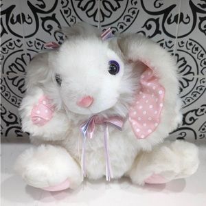 Vintage Bunny Rabbit Plush Pink Polka Dot Ears Girl White 15" Stuffed Plushie